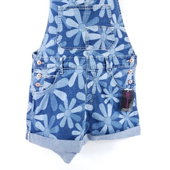 No Boundaries Denim Floral Print Shortalls With Buckle Straps Juniors Medium - Picture 7 of 11